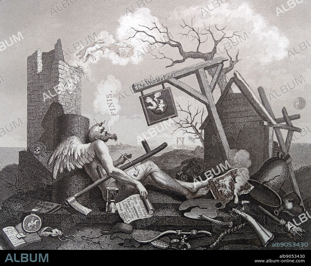 Engraving by British artist & engraver, William Hogarth 16971764: Tail-Piece, or The Bathos, 1764. Engraving.