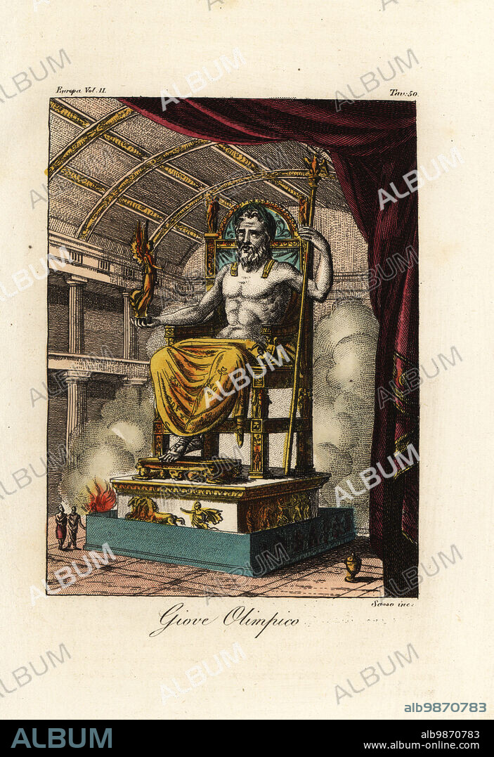 Statue of Zeus or Jupiter at Olympia, giant seated figure by the Greek sculptor Phidias around 435 BC at the sanctuary of Olympia, Greece. Giove Olimpico. Handcoloured copperplate engraving by Giovanni Antonio Sasso after Antoine-Chrysostome Quatremere de Quincy from Giulio Ferrarios Costumes Ancient and Modern of the Peoples of the World, Il Costume Antico e Moderno, Florence, 1842.