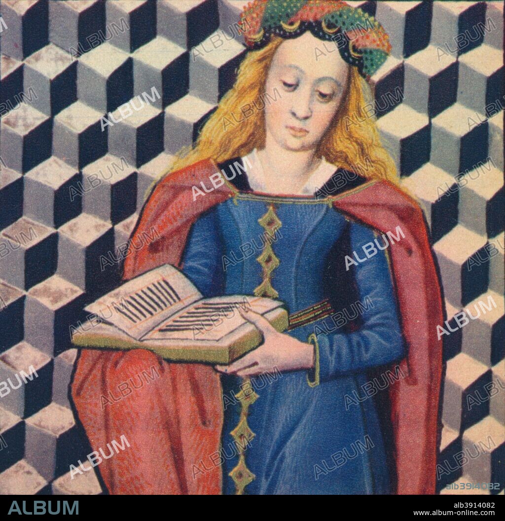 'Gualdrade - Pucelle Florentine', 1403, (1939). Gualdrada was a member of the nobility in 13th century Florence, Italy. She was a daughter of Bellincion Berti, being a descendent of the Ravignani family, a branch of the Adimari family. The illustration is part of the manuscript De Claris mulieribus, traduction anonyme en francais (Livre des femmes nobles et renommees) by Giovanni Boccaccio, housed in the Bibliotheque nationale de France, Paris. From Verve - Nos. 5-6, July-October 1939. [Verve, France, 1939].
