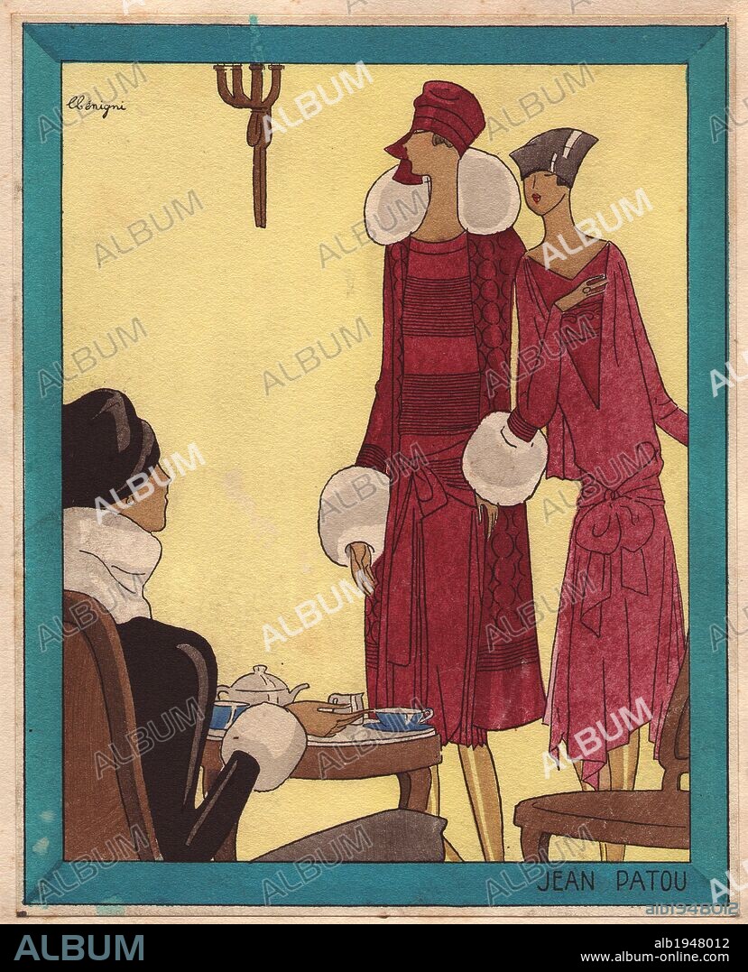 1920s fashionable women in a cafe: Woman drinking tea wearing black velvet coat trimmed with white fur, women standing wearing crimson dresses and turban hats.. Handcolored pochoir (stencil) lithographs from the French luxury fashion magazine "Art, Gout, Beaute" 1926.