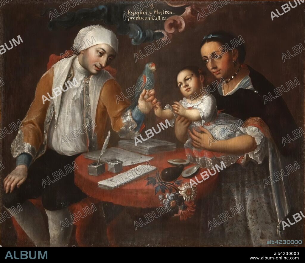 JOSÉ JOAQUÍN MAGÓN. Escena aparentemente familiar en la que una mujer sentada sujeta en sus brazos a una niña. Esta parece echar sus manos a un loro posado sobre la mano de un hombre sentado. Ambos personajes, hombre y mujer, se sitúan en torno a una mesa circular. En la parte superior central del licenzo aparece una inscripción. Lienzo, con marco de madera, pintado al óleo. 112 cm x 136 cm.