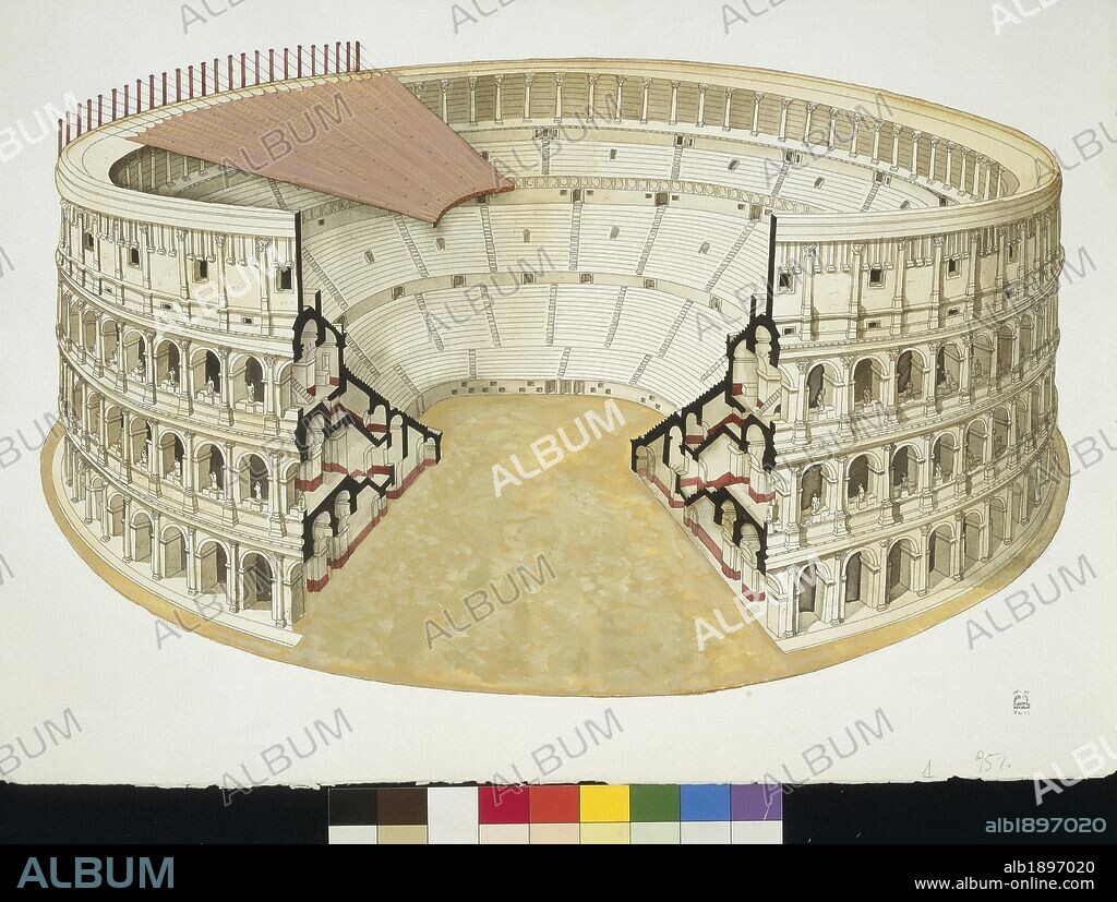 Archaeology - Roman Civilization. Reconstruction of Rome Colosseum, built AD 70-82. Colour illustration.