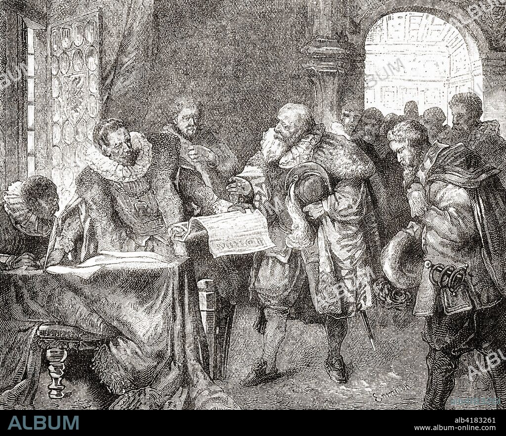 Rudolf II granting the Bohemian Charter aka Letter of Majesty, a 17th-century European document which granted religious tolerance to both Protestant and Catholic citizens living in the estates of Bohemia. Rudolf II, 1552 - 1612.  Holy Roman Emperor, King of Hungary and Croatia (as Rudolf I), King of Bohemia and Archduke of Austria.   From Ward and Lock's Illustrated History of the World, published c.1882.