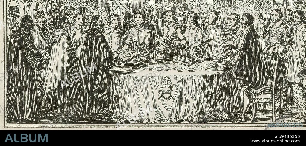 Peace of Munster, 1648, The swearing in of the Peace of Munster on May 15, 1648, in the great hall or Friedenssaal of Munster City Hall. The delegates stand around a table and take the oath with a raised hand., print maker: Simon Fokke, (mentioned on object), after painting by: Gerard ter Borch (II), Amsterdam, 1722 - 1784, paper, etching, height 50 mm × width 84 mm.