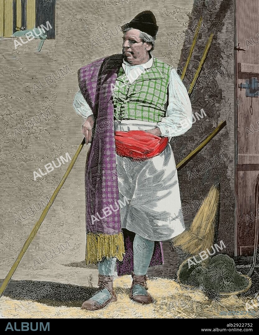 SOCIEDAD ESPAÑOLA. SIGLO XIX. MURCIA. Un labrador de la huerta murciana. Grabado por Rico. "La Ilustración Española y Americana", año 1879. Coloreado.