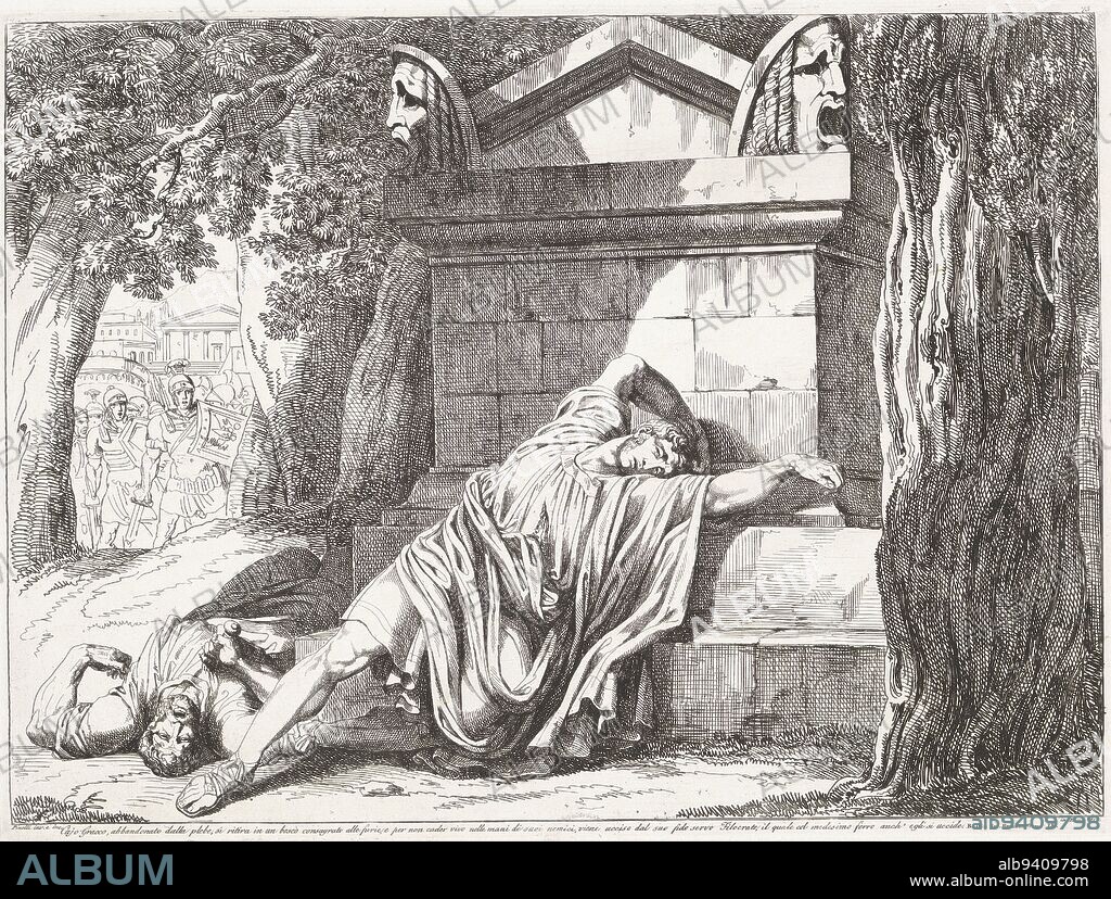 The Death of Gaius Gracchus, Bartolomeo Pinelli, 1817, Gaius Gracchus and his servant Philocrates lie dead before a monument in a forest. At Gracchus' request, Philocrates killed him and then committed suicide. In the background the approaching army of the enemy., print maker: Bartolomeo Pinelli, (mentioned on object), Bartolomeo Pinelli, (mentioned on object), Rome, 1817, paper, etching, h 315 mm × w 427 mm.