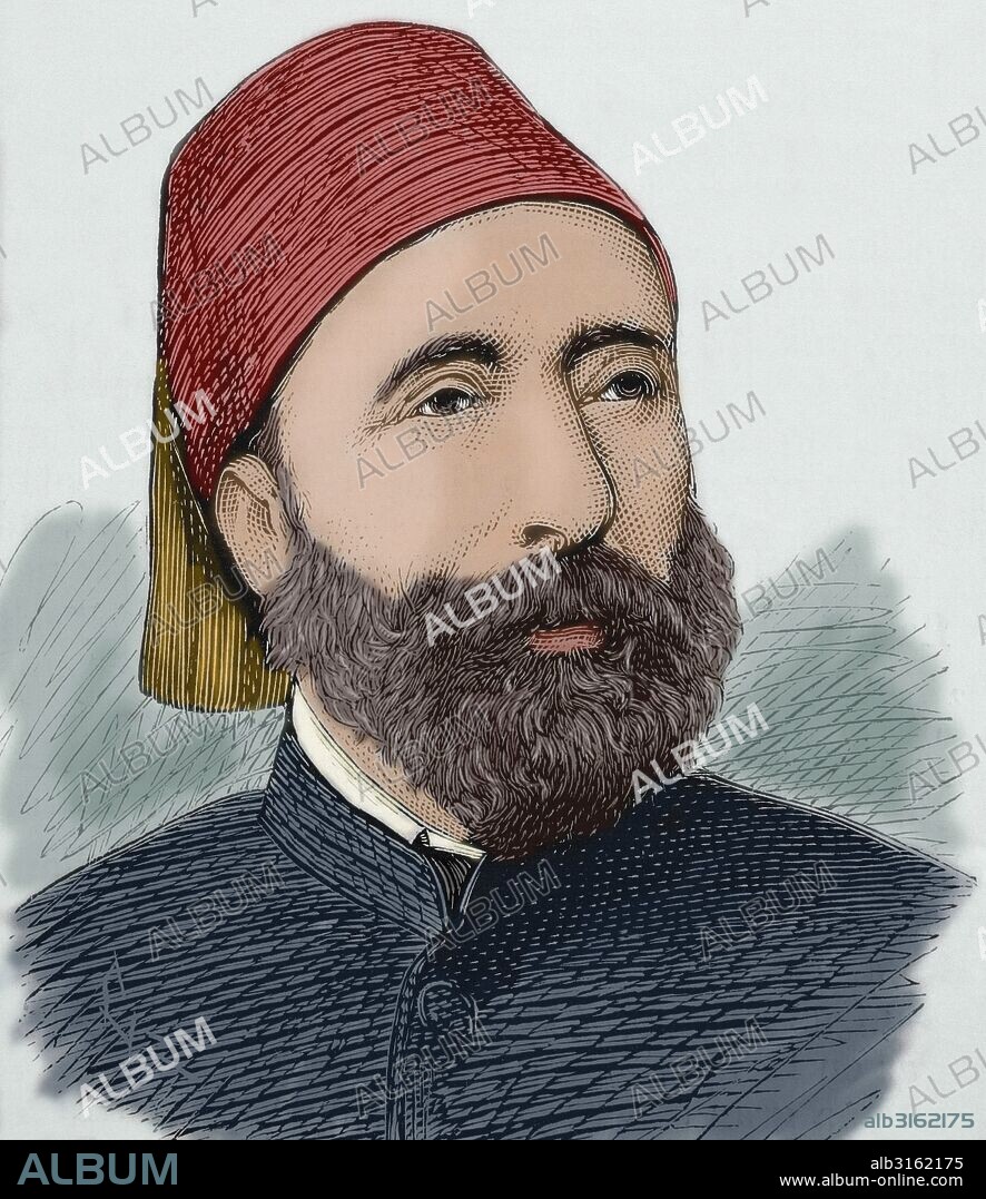 Ahmed Sefik Midhat Pasha (1822-1883). Ottoman statesman during the late Tanzimat era. Grand Vizier of the Ottoman Empire. Portrait. engraving by Capuz in "La IIustracio_n Espan_ola y Americana", 1876. Colored.