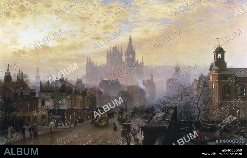 'From Pentonville Road looking West: Evening', 1884. Busy London street scene with open-topped horse drawn omnibuses. A postman empties a post box, sandwich-board men walk the pavements, and St Pancras railway station is seen in the background with the towers of Sir Gilbert Scott's St Pancras Hotel, opened in 1868.