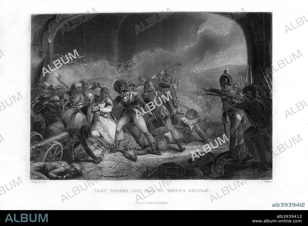 'Last Effort and Fall of Tippoo Sultan' (1799), mid-19th century. The death of Tippoo Sahib (1753-1799), Sultan of Mysore at his stronghold, Seringapatam. After besieging the city, British forces stormed the city on 4 May 1799. This victory brought to an end the short fourth Anglo-Mysore War (March-May 1799) enabled them then to gain control of Southern India, leading eventually to British rule throughout India.