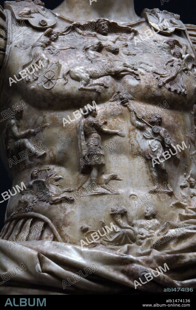 Augustus, (63 B.C.-14 D.C.). First emperor of the Roman Empire. Augustus of Prima Porta. White marble statue. 1st century. Detail of the breastplate carved in relief depicting the return of the Roman legionary eagles lost to Parthis by Mark Anthony (40s B.C.) and by Crassus (53 B.C.). Braccio Nuovo. Chiaramonti Museum. Vatican Museum. Vatican City.