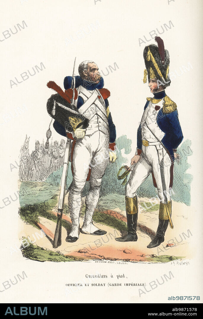 Grenadiers of the French Imperial Guard (private and officer). Infantry soldier in blue coat, red epaulettes, white trousers and gaiters, holding a bearskin with brass plate. Grenadiers a pied. Officier et Soldat Garde Imperiale. Handcoloured woodcut by Andrew Best Leloir after an illustration by Hippolyte Bellangé from P.M. Laurent de lArdeches Histoire de Napoleon, Paris, 1840.