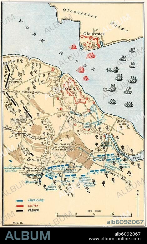 Map of the Battle of Yorktown where the British Army was defeated by the American and French alliance in the Revolutionary War, 1781. Printed color lithograph.