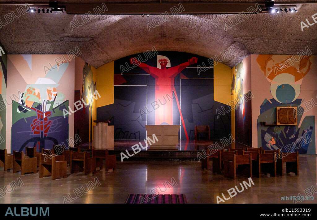 Crypt of the Sanctuary of Our Lady of Arantzazu, Paintings, Néstor Basterretxea, Aranzazu sanctuary, Oñati, Gipuzkoa, Basque Country, Spain, Europe.