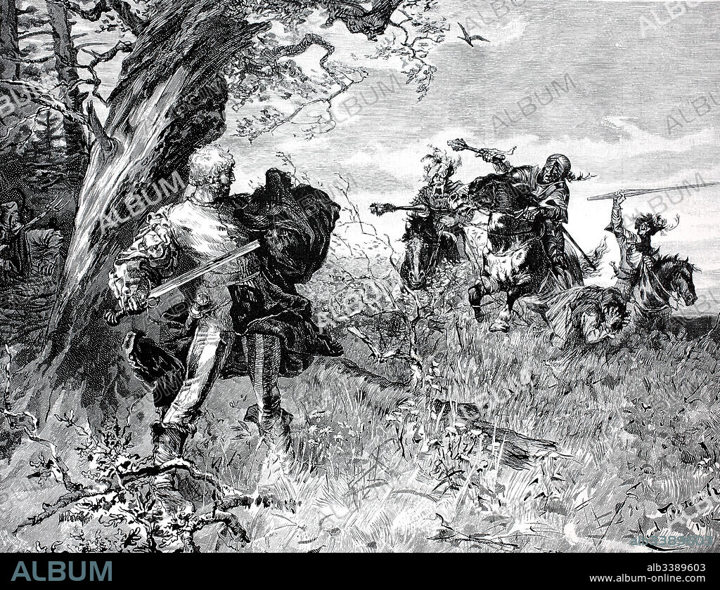 Florian Geyer, 1490 - 10 June 1525, also known as Florian Geier from Giebelstadt, was a Franconian nobleman, diplomat, and knight. German Peasants' War 1525, here his last fight, historical illustration.
