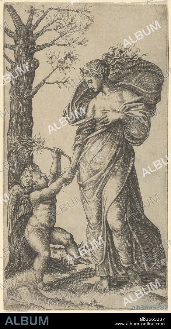 An allegory of Peace; Peace personified as a woman standing in a landscape  holding the left hand of a winged genius, tree at left. Artist: Marcantonio Raimondi (Italian, Argini (?) ca. 1480-before 1534 Bologna (?)). Dimensions: Sheet: 8 5/8 × 4 5/8 in. (21.9 × 11.8 cm). Date: ca. 1517-20.