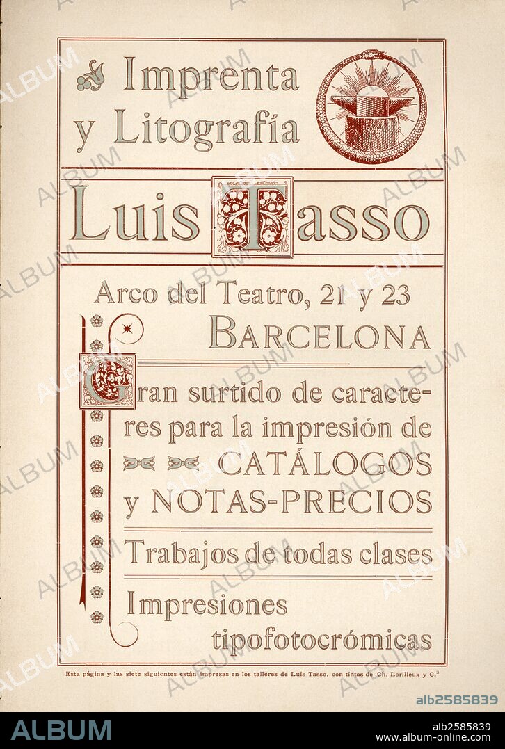 Publicidad modernista de la imprenta y litografía Luis Tasso. Barcelona, año 1900.