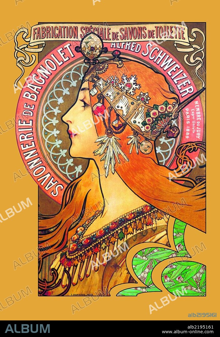 ALPHONSE MUCHA. Alphonse Maria Mucha (1860 - 1939) was a Czech Art Nouveau painter.  However, he did a great many posters and prints.  The period of his work has become known as the Belle Epoque.