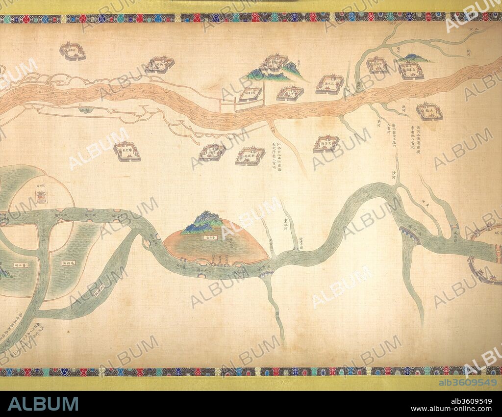 Map of the Grand Canal from Beijing to the Yangzi River. Artist: Unidentified Artist Chinese, late 18th or early 19th century. Culture: China. Dimensions: Image: 21 7/8 in. × 30 ft. 7 in. (55.6 × 932.2 cm)
Overall: H. 32 1/4 in. (81.9 cm). Date: late 18th or early 19th century.
Managing China's complex network of rivers, canals, and irrigation systems has been one of the abiding concerns of its rulers. From the fourteenth century, the Grand Canal served as the major artery for transporting grain from the wealthy agricultural regions south of the Yangzi River to the capital city of Beijing in the north. Of equal importance was the constant threat of flooding from the Yellow River and other river systems that traversed the canal. Under the Manchu Qing dynasty (1644-1911), both the Kangxi (r. 1662-1722) and Qianlong (r. 1736-95) emperors personally inspected the hydraulic management measures in this region on their periodic tours of the empire. 
This map follows the course of the Grand Canal from the vicinity of Beijing southward to the Yangzi River. Artistically, it stands halfway between modern cartographic records and the more pictorial approach to mapmaking that was commonly used prior to the twentieth century in China. While most elements are schematically rendered, images of the Forbidden City, the Yangzi River, and certain mountains and topographic features are treated in pictorial terms. All of the rivers, canals, dams, sluice gates, dikes, and catchment basins as well as the walled cities and important towns situated near the canal are depicted and labeled. The linchpin of the entire hydraulic system was the confluence of the Yellow and Huai Rivers with the Grand Canal. Based on documented changes to the configuration of the Huang-Huai confluence and other areas, the content of the map can be dated to the period from 1737 to 1761.