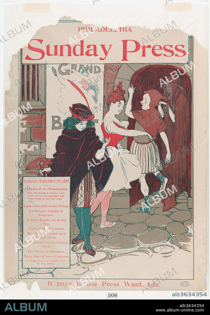 Philadelphia Sunday Press: September 29th. Artist: George Reiter Brill (American, Pittsburgh, Pennsylvania 1867-1918 Florida). Dimensions: Sheet: 21 7/16 × 15 11/16 in. (54.5 × 39.8 cm)
Image: 20 3/16 × 13 11/16 in. (51.2 × 34.7 cm). Date: 1895.