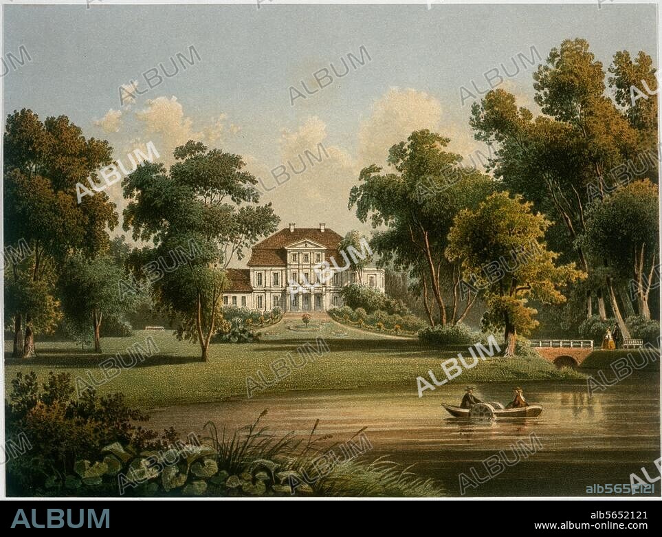 Trampe (Brandenburg), Gutshaus. (Besitz der Familie von der Schulenburg). "Trampe / Provinz Brandenburg / Kreis Ober-Barnim". Farblithographie, um 1860, von Th. Albert nach Photographie von Th. Hennicke. Berlin (Alexander Duncker); 15 × 19,8 cm.