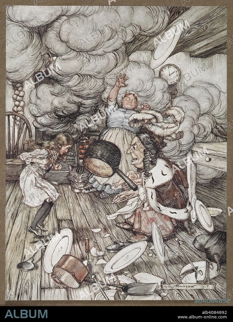 ARTHUR RACKHAM and LEWIS PSEUD. [I. E. CHARLES LUTWIDGE DODGSON] CARROLL. Alice in a kitchen with the Duchess, a cook and the Cheshire Cat. Alice's Adventures in Wonderland Illustrated by Arthur Rackham. With a proem by Austin Dobson. L.P.. William Heinemann: London; Doubleday, Page & Co.: New York, [1907.]. An unusually large saucepan flew close by it, and very nearly carried it off. Source: K.T.C.105.b.1. opposite page 70.
