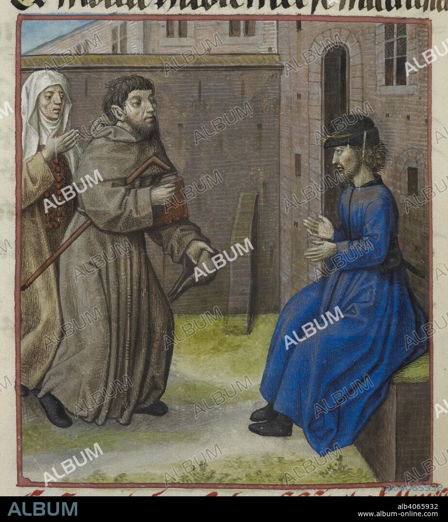 GUILLAUME DE LORRIS et JEAN DE MEUN. Detail of miniature of Faus-semblant and Contrainte-Abstinence speaking with Malebouche. Roman de la Rose. Netherlands, S. (Bruges). c. 1490-c. 1500. Source: Harley 4425 f.108v. Language: French.