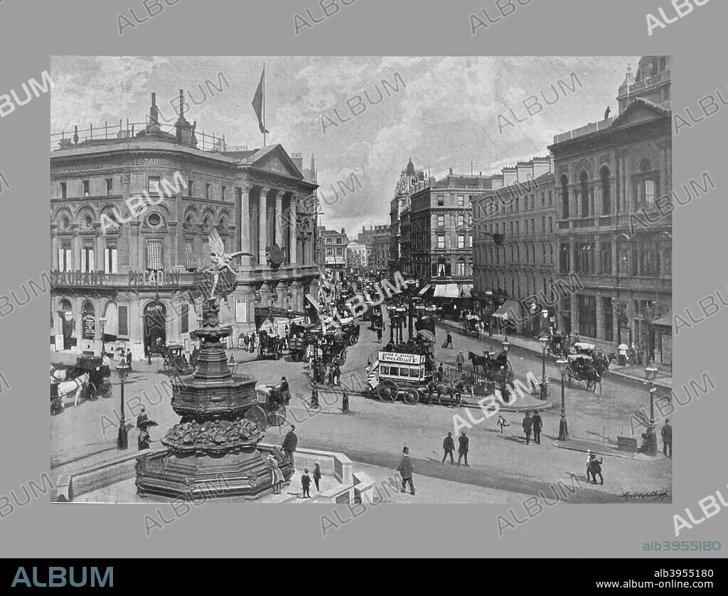 Piccadilly Circus, London, c1900. From Sights and Scenes in England and Wales. [Cassell and Company Ltd., c1900].