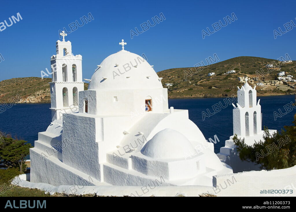 Agia Irini Church near the harbour, Ormos, Ios Island, Cyclades, Greek Islands, Greece, Europe.