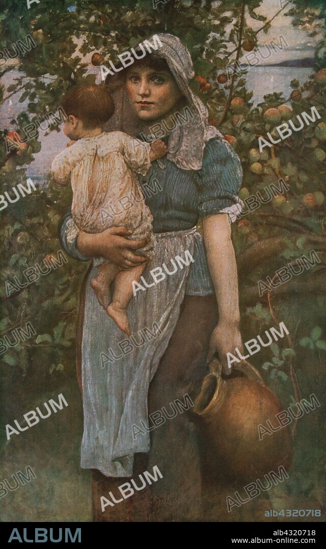 ANNIE LOUISA SWYNNERTON. 'The Young Mother', c1887, (c1930). Working woman in an orchard, carrying a child and a terracotta jug. Painting in the Dublin City Gallery, Ireland. From "Modern Masterpieces of British Art". [The Amalgamated Press Ltd., London, c1930].