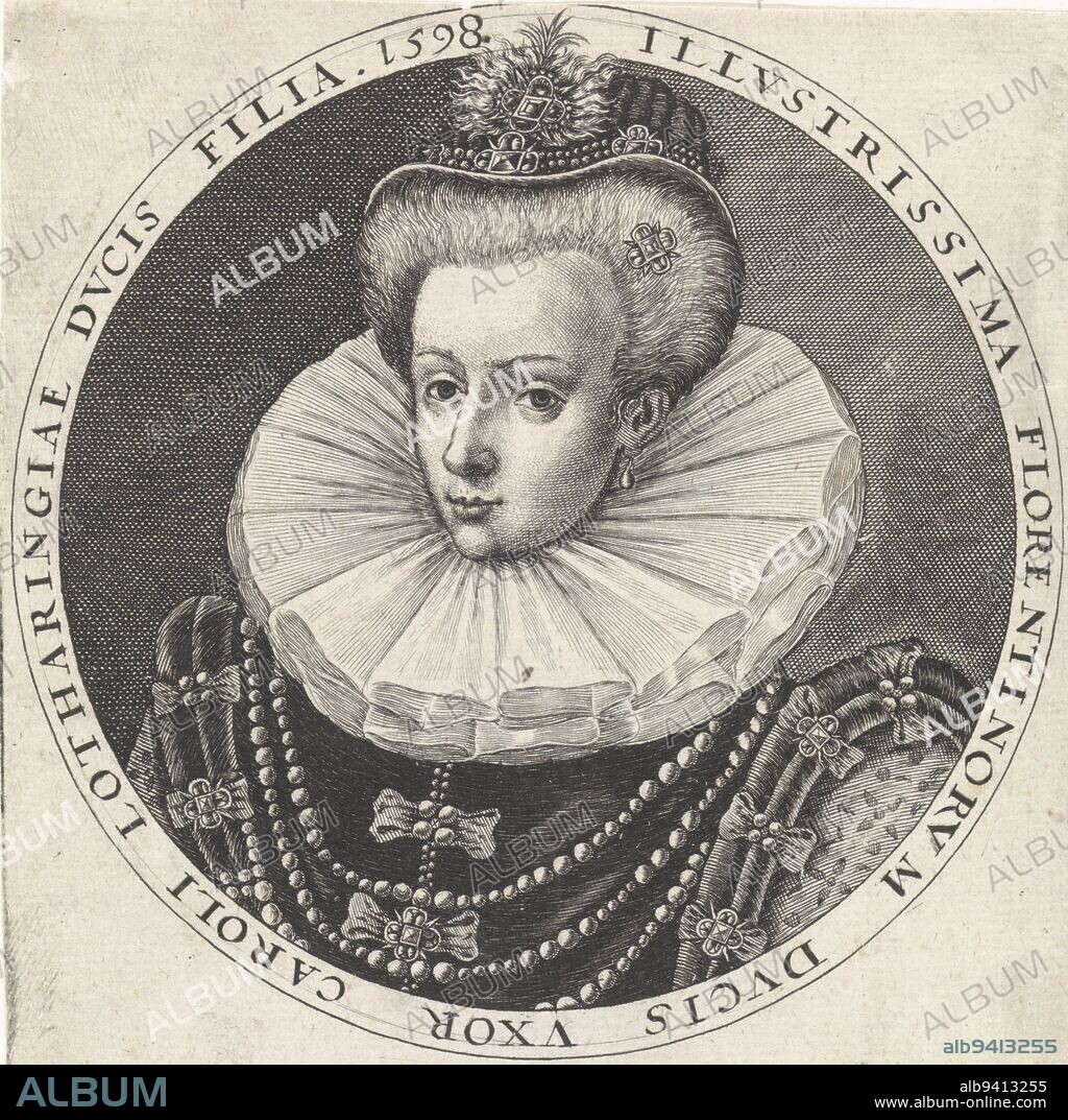 Portrait of Christina of Lorraine, consort of Ferdinando I de' Medici, Grand Duke of Tuscany. In the margin a four-line poem of praise in Latin. Portrait of Christina of Lorraine, print maker: Crispijn van de Passe (I), publisher: Crispijn van de Passe (I), (mentioned on object), Cologne, 1598, paper, engraving, h 142 mm × w 110 mm.