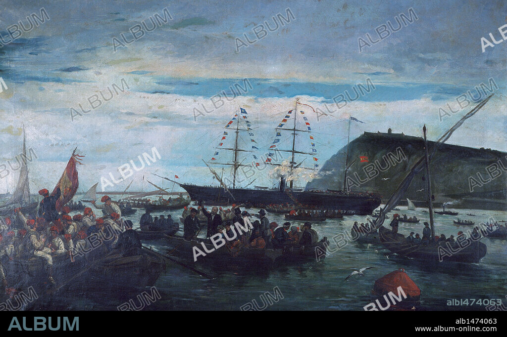 History of Cuba. Ten Years War or Great War (1868-1878). The Embarkation of the Catalan Volunteers for the Cuban War in the Port of Barcelona, 1870. Painting by Ramon Padro Pijoan (1809-1876). Maritime Museum. Barcelona. Spain.