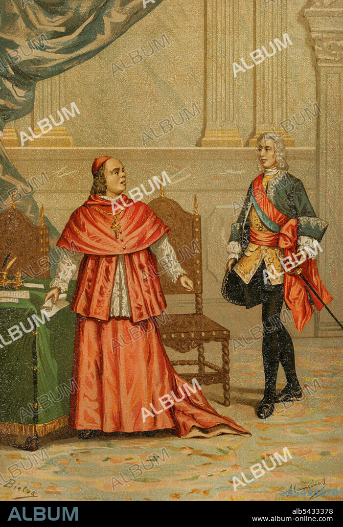 JUAN ALAMINOS. SPANISH ARTIST OF THE SECOND HALF OF THE 19TH CENTURY.. Giulio Alberoni (1664-1752). Diplomático, estadista y cardenal italiano de la iglesia católica. Nombrado representante oficial del duque de Parma en abril de 1713. Fue el principal consejero del rey Felipe V de España. El 5 de diciembre de 1719 Felipe V ordenó a su secretario, Don Miguel Fernandez de Durán, marqués de Tolosa, que notificase a Alberoni el decreto por el que se prescindía de sus servicios y se ordenaba su salida de España en el plazo máximo de tres semanas. Despedida del Cardenal Alberoni. Ilustración por Bielsa y J. Alaminos. Cromolitografía. Historia General de España, por Miguel Morayta. Tomo V. Madrid, 1891.
