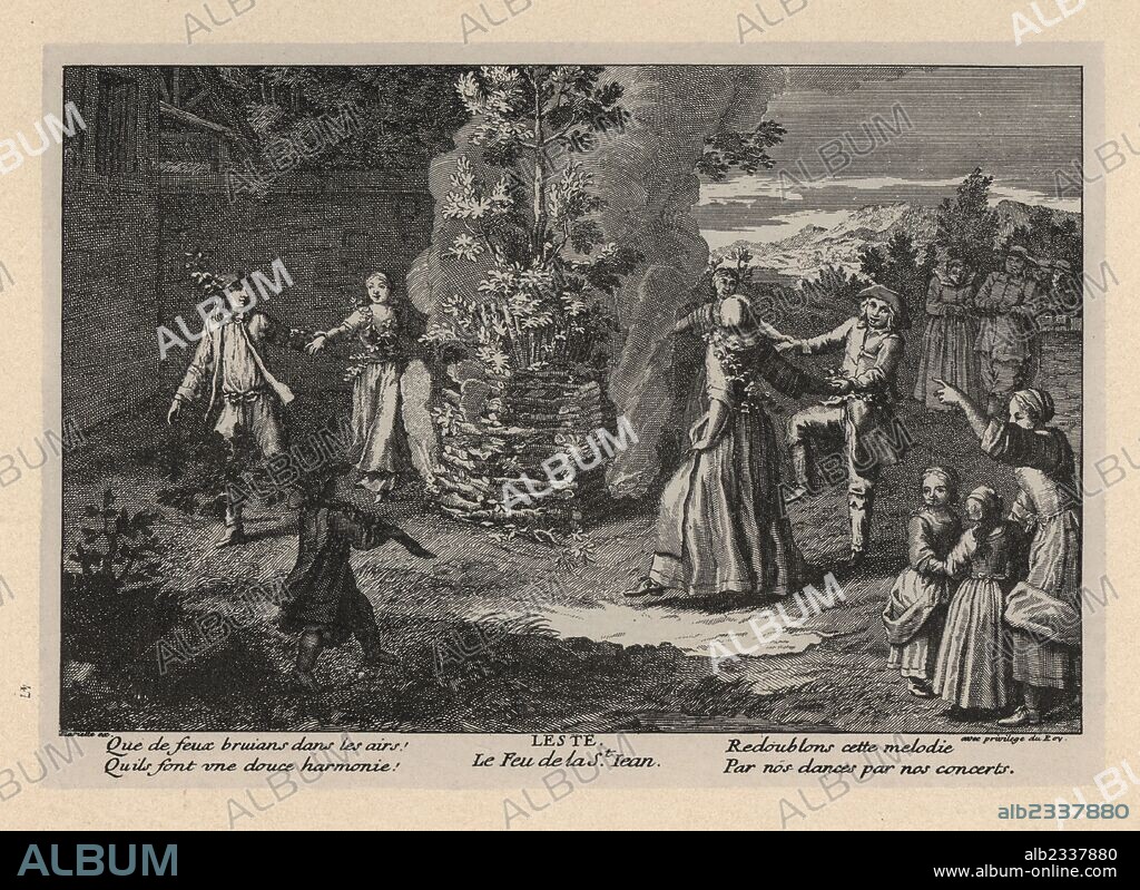 Villagers dancing around the bonfire for the feast of St. John the Baptist, midsummer. Lithograph from Henry Rene Allemagne's Sports and Games of Skill (Sports et Jeux d'Adresse), Librairie Hachette, Paris, 1903.