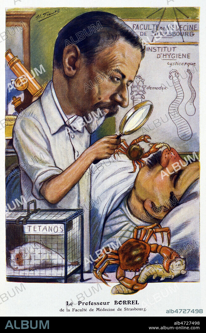 'Le professeur Amedee BORREL (18867-1936) de la Faculte de Medecine de Strasbourg etudie le role des helminthes et des acariens dans la production du cancer. Illustration de H. FRANTZ (19-20 s.) pour Chanteclair de 1928. Credit : Coll. Jonas/KHARBINE-TAPABOR.
