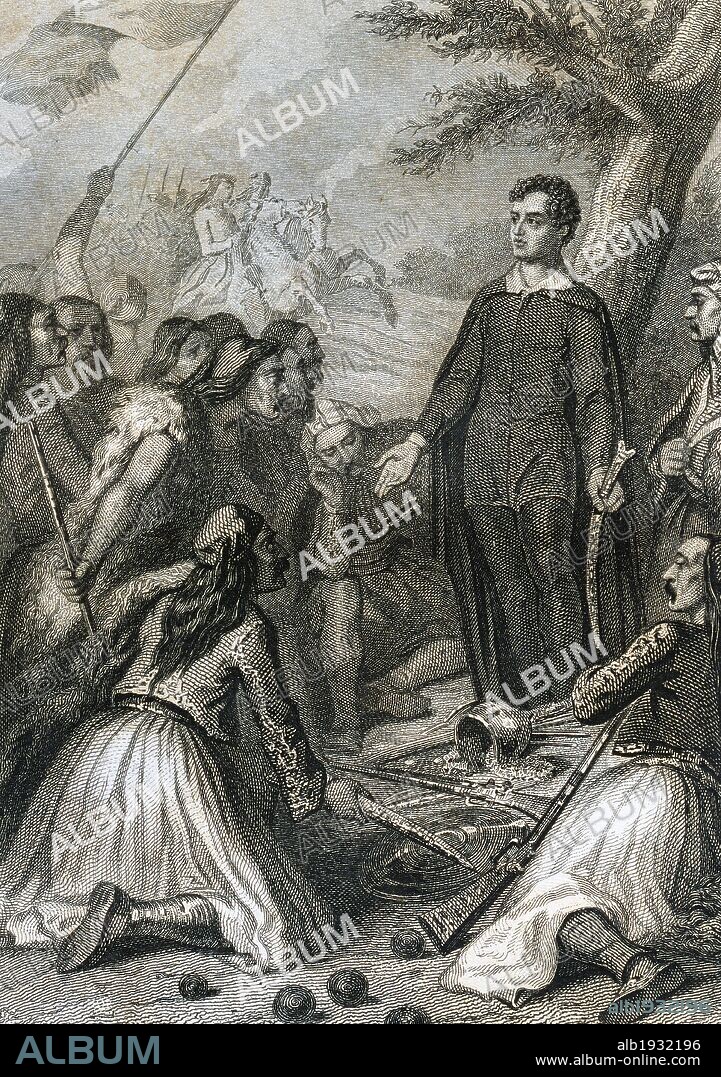 LITERATURA INGLESA. S. XVIII-XIX. BYRON, Lord George Gordon (Londres,1788-Missolonghi,1824). Poeta romántico inglés perteneciente a la segunda generación del romanticismo inglés. "LA PEREGRINACION DE CHILDE HAROLD" (CHILDE HAROLD'S PILGRIMADE) (1812). Grabado de la obra de una edición de 1850.