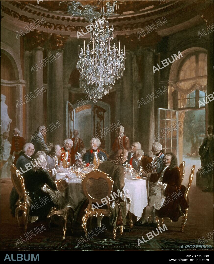 ADOLPH MENZEL. German school. Frederick the Great entertaining guests and Voltaire in his Sansouci palace in Potsdam. 1850. Berlin, Staatliche Museen (Alte Nationalgalerie).