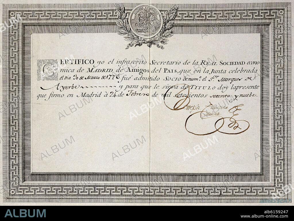 CERTIFICADO-MARQUES DE AYERBE SOCIO DE LA SOCIEDAD ECONOMICA DE MADRID.