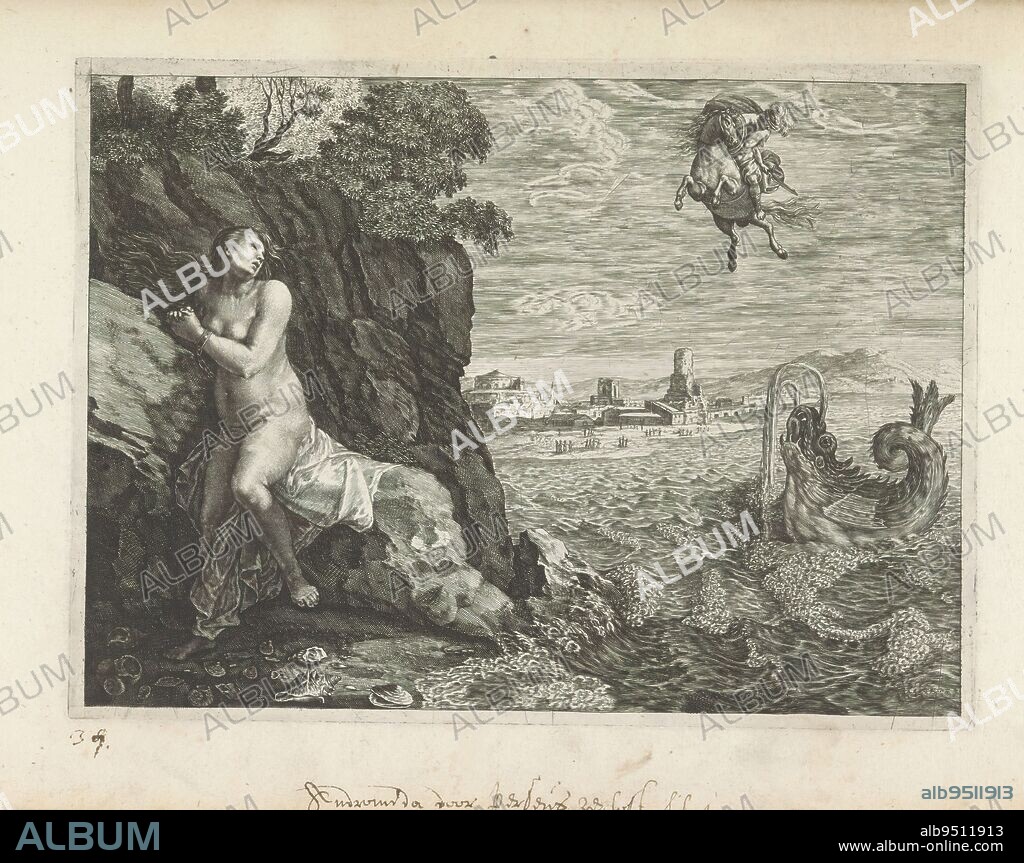Perseus and Andromeda, Metamorphoses of Ovid (series title), Andromeda, the daughter of an Ethiopian king, is chained to a rock and threatened by a sea monster. In the background, Perseus approaches on Pegasus with sword drawn to rescue her., print maker: Magdalena van de Passe, after design by: Carlo Saraceni, (attributed to), after design by: Bartholomeus Breenbergh, (attributed to), c. 1636 - 1670, paper, engraving, height 167 mm × width 229 mm.