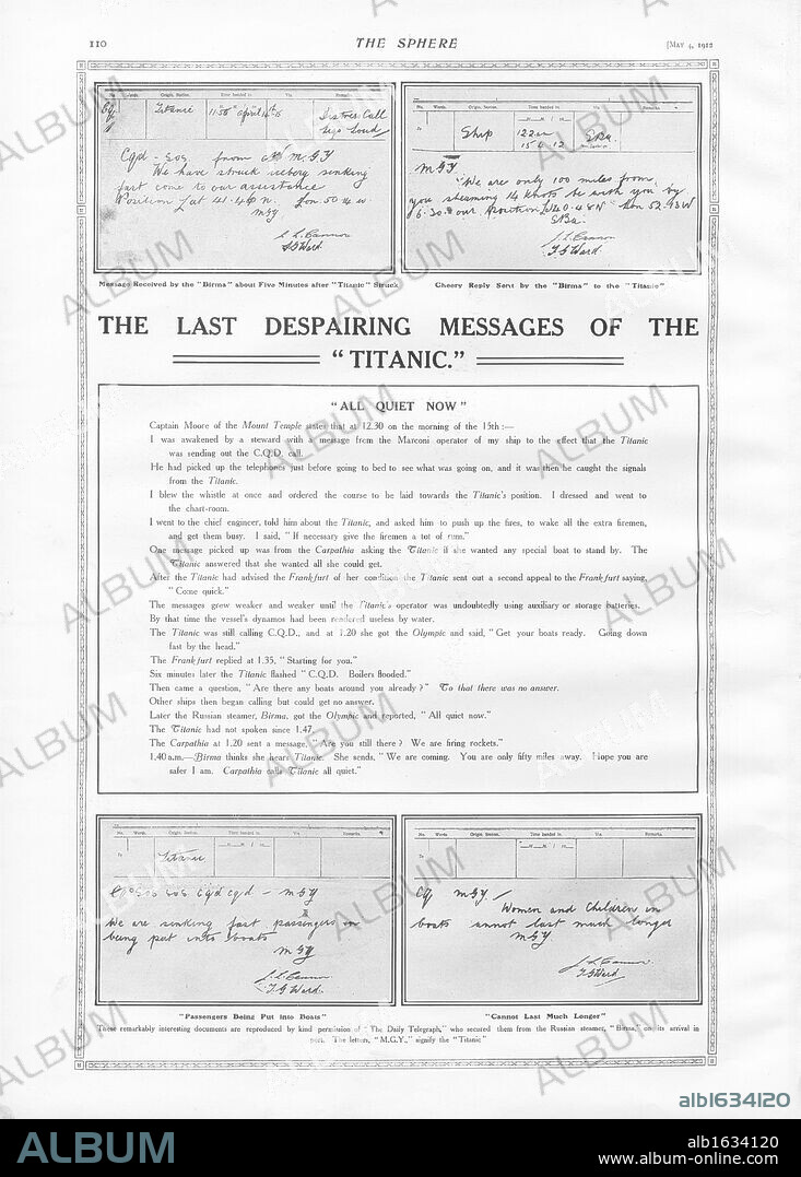 Last Messages of Titanic. Messages received and sent from the Russian steamer, Birma, in reponse to Titanic's SOS and CQD emergnecy morse code signals. Titanic was built by Harland & Wolff in Belfast Ireland during 1910 - 1911 on the 15th April, 1912, and sank after striking an iceberg off the coast of New Foundland during her maiden voyage from Southampton, England to New York, USA, with the loss of 1,522 passengers and crew. (Photo by Titanic Images/Universal Images Group).
