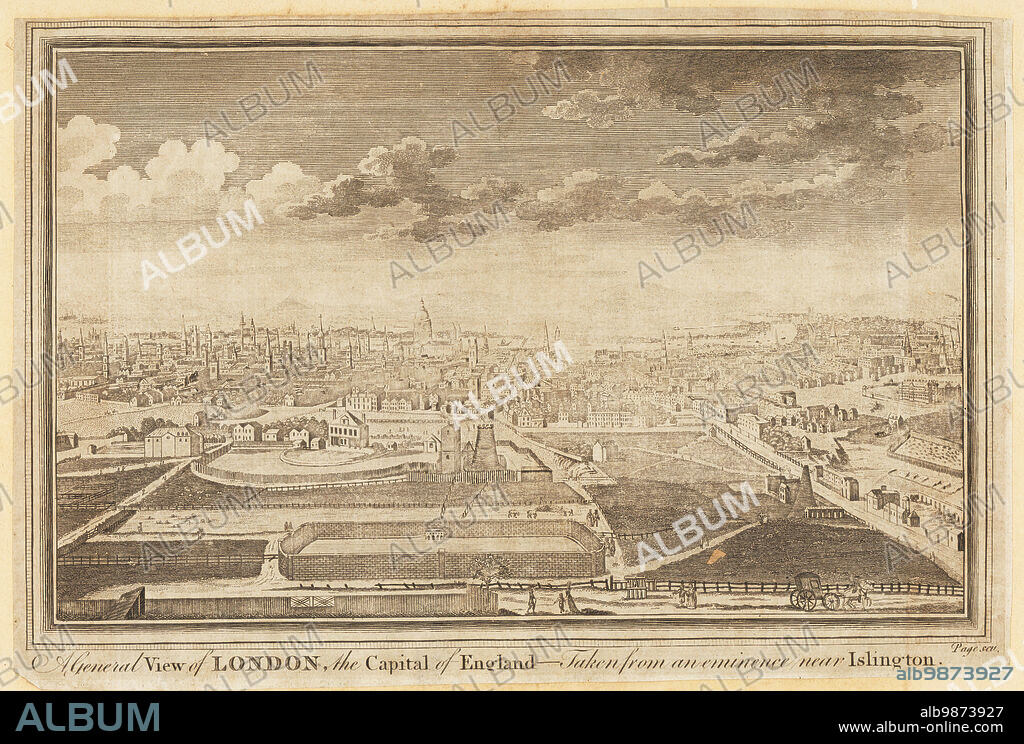 A General View of London, the Capital of England, taken from an eminence near Islington. Looking south, with fields, conduits, towers in the foreground, the dome of St Paul's Cathedral and the River Thames beyond. Copperplate engraving by Page from William Thorntons New History and Survey of London, published by Alexander Hogg at the Kings Arms, Paternoster Row, London, 1784.