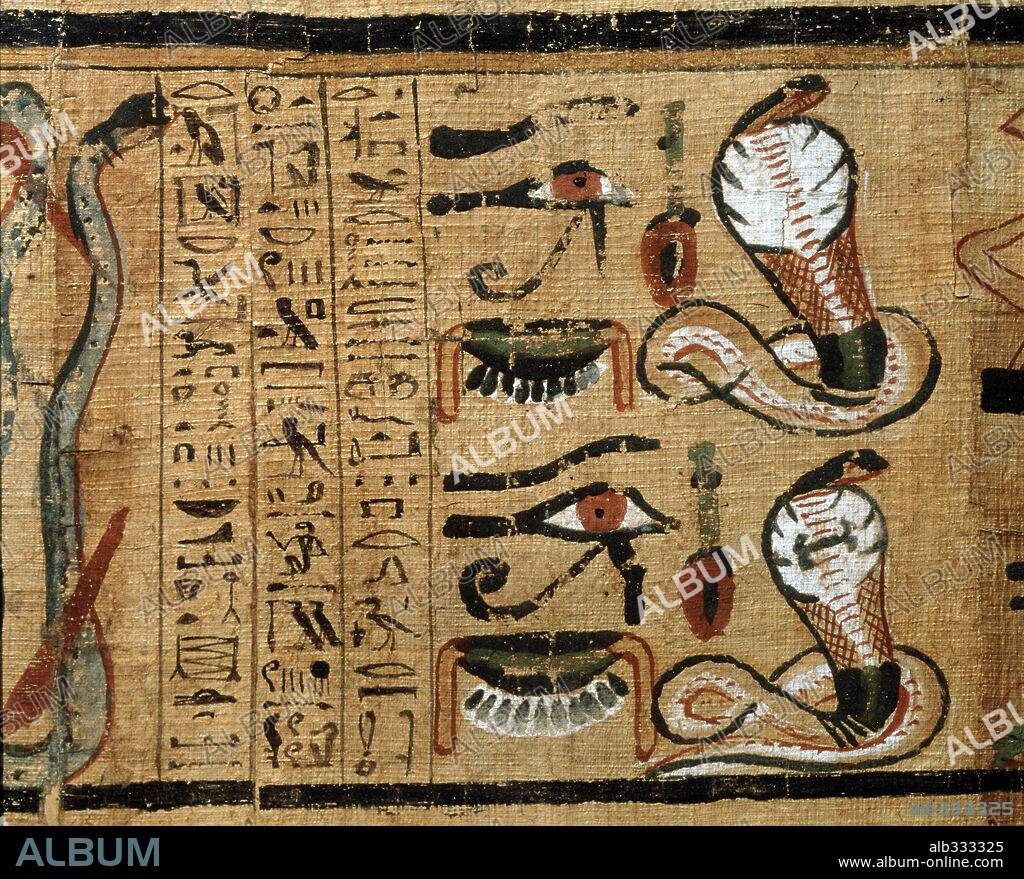 Detail from Book of Dead Heruben Papyrus 21st Dynasty with cobra uraeus eye of Horus and hieroglyphs.