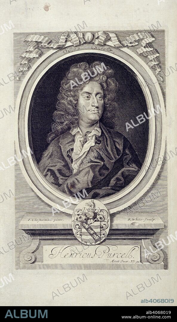 Henry Purcell. Orpheus Britannicus. London : J. Heptinstall (W. Pearson), for H. Playf. Henry Purcell (1659-1695). English composer. Portrait.  Image taken from Orpheus Britannicus.  Originally published/produced in London : J. Heptinstall (W. Pearson), for H. Playford, 1698 (1702). . Source: G.100 volume 1 , frontispiece. Language: English.