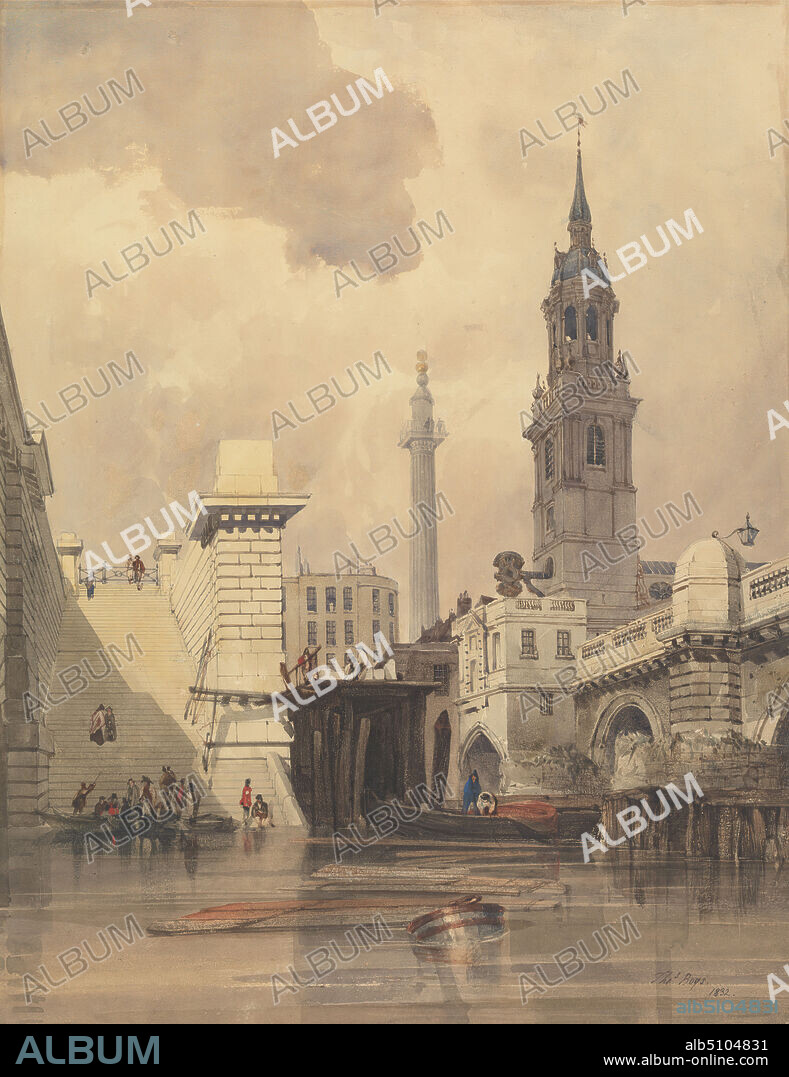The Church of St. Magnus the Martyr, London Bridge, with the Monument in the Background, Thomas Shotter Boys, 18031874, British, 1832, Watercolor with pen in brown ink over graphite with gouache and arabic gum on medium, slightly textured, cream wove paper, Sheet: 13 11/16 x 10 5/8 inches (34.8 x 27 cm), arches, architectural subject, barrel (container), boats, bridge (built work), church, cityscape, figures, genre subject, lamp (lighting device), monument, river, steeple, steps, walking, Church of St. Magnus the Martyr, City of London, England, Greater London, London, London Bridge, Monument to the Great Fire of London, Thames, United Kingdom.