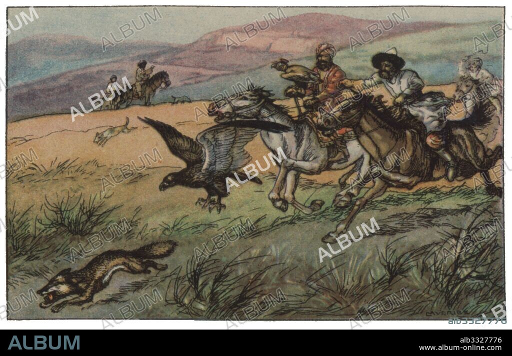 JOAN LLAVERIAS I LABRÓ. El hombre y las fieras. Cacerías y pescas primitivas. Caza del zorro en las estepas del Asia central con la ayuda de halcones. Cromo de Chocolates Eduardo Pi. Años 1944.