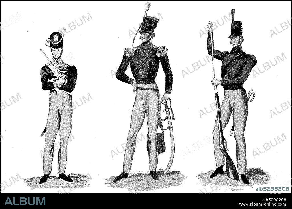 Uniforms of the king's German Legion, about 1800 foot artillery, light dragoons, light battalion  /  Uniformen der königlich deutschen Legion, ca 1800, Fußartillerie, leichtes Dragonerregiment, leichtes Bataillon, Historisch, historical, digital improved reproduction of an original from the 19th century / digitale Reproduktion einer Originalvorlage aus dem 19. Jahrhundert,.