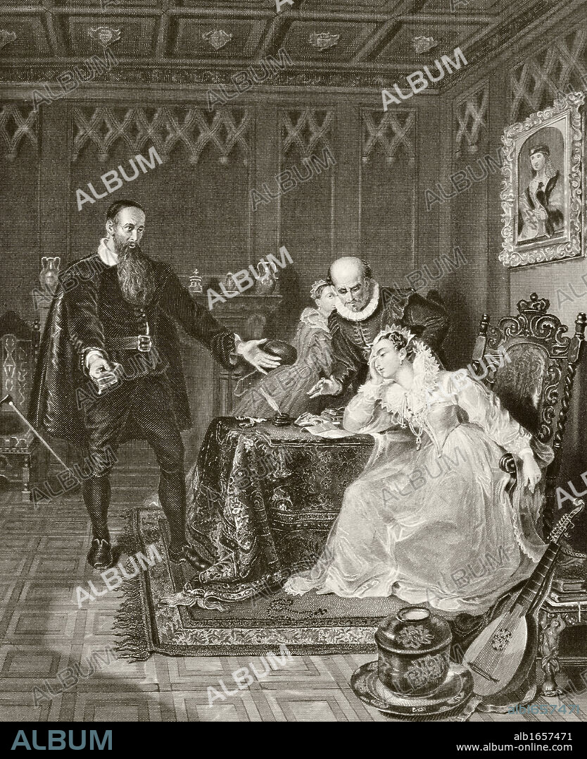 John Knox admonishing Mary Queen of Scots 24 June 1563 about her planned marriage to Don Carlos the son of Phillip II of Spain. From The National and Domestic History of England by William Aubrey published London circa 1890.