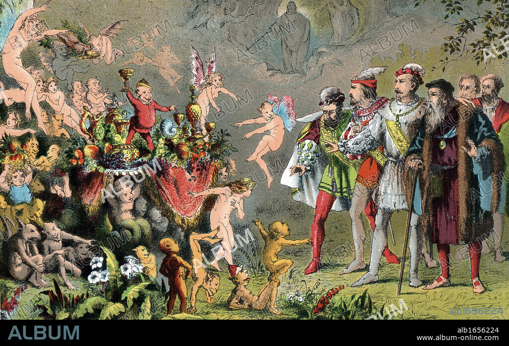 Alonso, King of Naples, shipwrecked with his court on Prospero's enchanted island, amazed by the fairies, goblins and strange creatures preparing a banquet. Prospero, invisible to mortals, stage manages everything (centre back) The Tempest Act 3 Sc 3. Chromolithograph designed by Robert Dudley for edition of Shakespeare's Works published 1856-1858. Play first performed c1611.