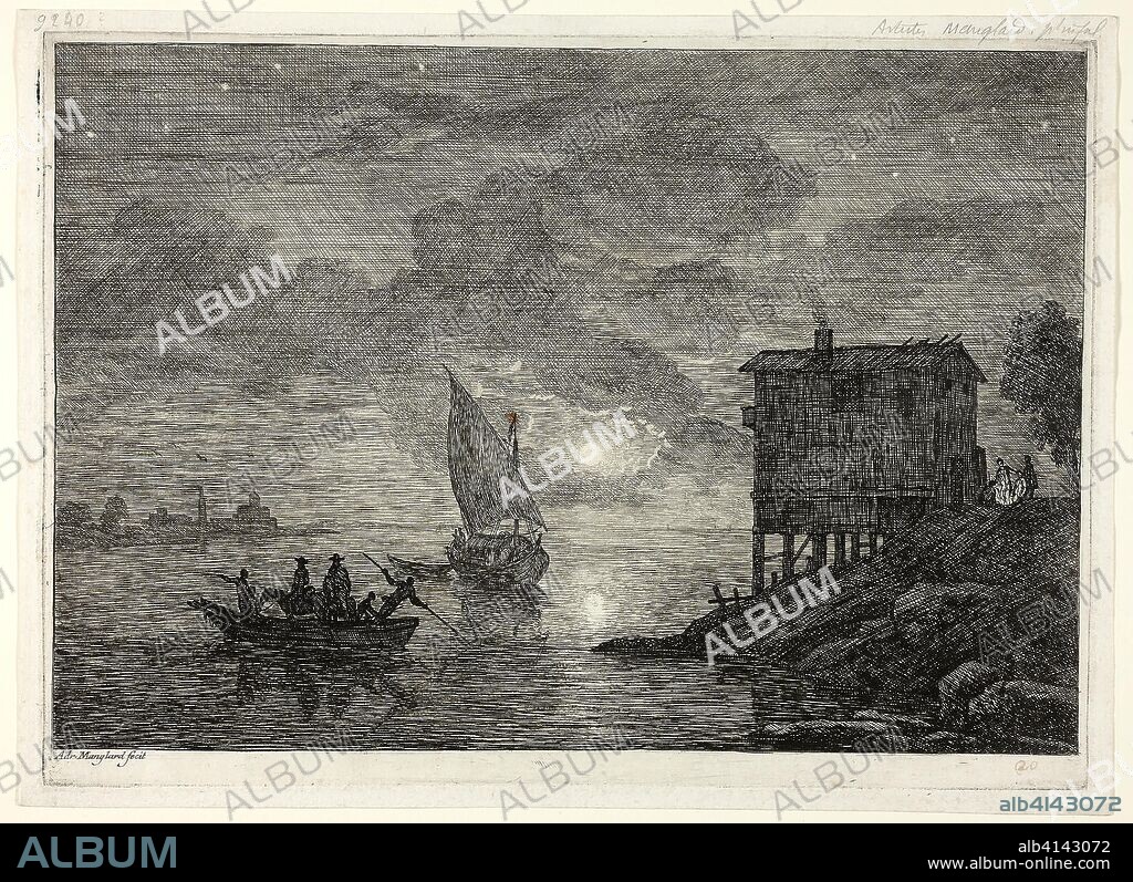 Moonlit Harbor Scene with Ferry. Adrien Manglard; French, 1695-1760. Date: 1753-1754. Dimensions: 209 × 305 mm (image); 222 × 312 mm (plate); 238 × 325 mm (sheet). Etching with touches of engraving and burnishing, on paper. Origin: France.