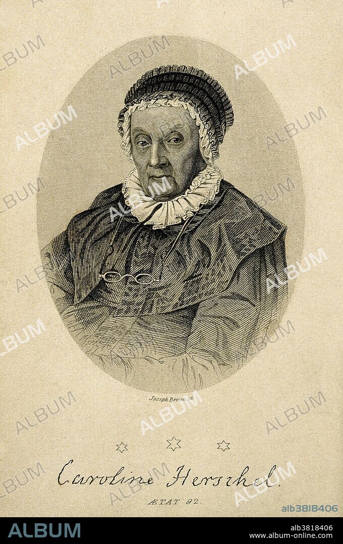 Caroline Herschel, aged 92. Stipple engraving by Joseph Brown. Caroline Herschel (1750-1848) was a German astronomer and the sister of William Herschel (1738-1822). She moved from Hanover, Germany, to join him in London, England, in 1772, where both gave up careers in music to study astronomy. Although she started as William's assistant, Caroline became an astronomer in her own right, and the first woman to be recognized as one. She discovered eight new comets between 1786 and 1797. After her brother's death in 1822, Caroline returned to Hanover, where she died at the age of 98.