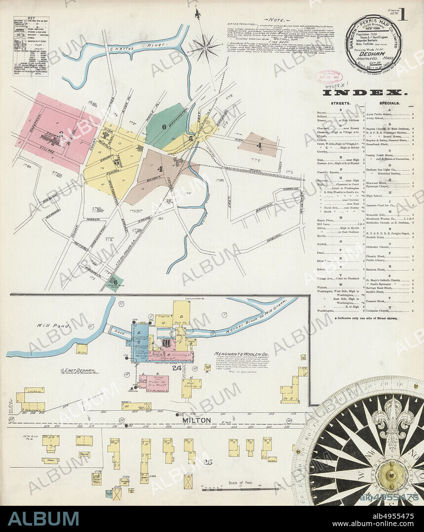 Image 1 of Sanborn Fire Insurance Map from Dedham, Norfolk County, Massachusetts. Sep 1892. 6 Sheet(s), America, street map with a Nineteenth Century compass.